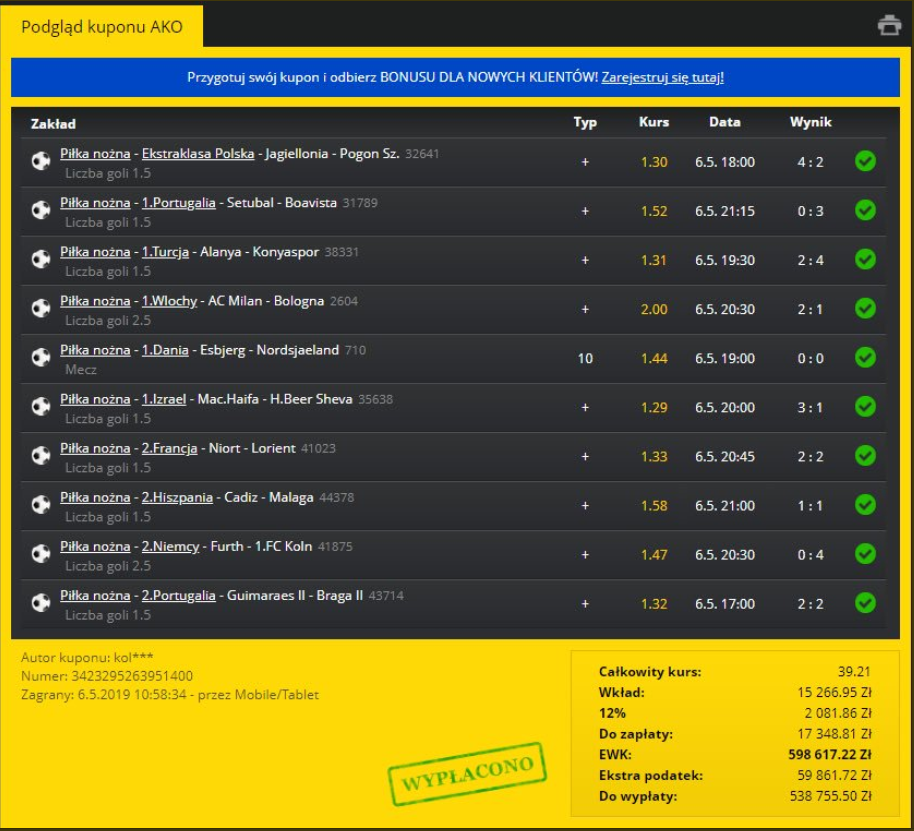 record payouts bookmaker