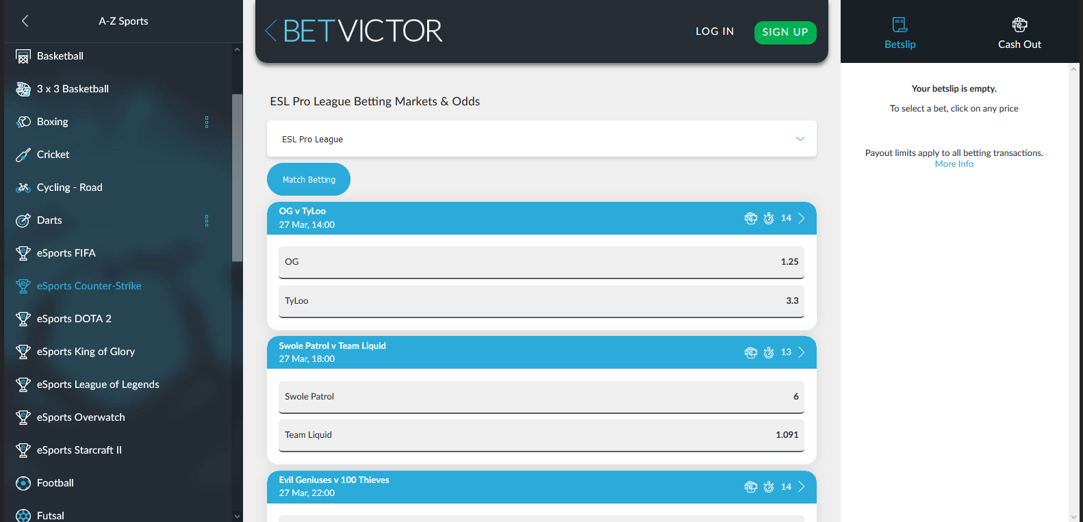 betvictor esports betting offer