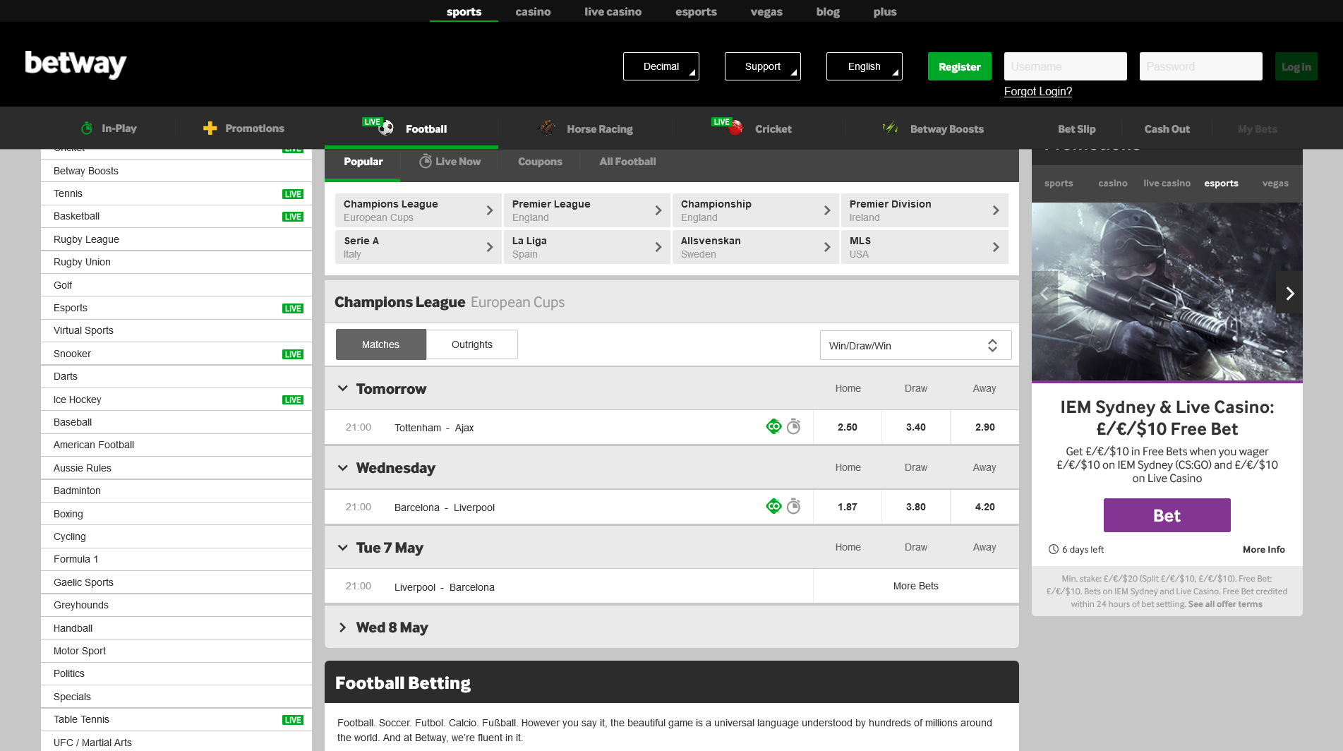 betway sports betting