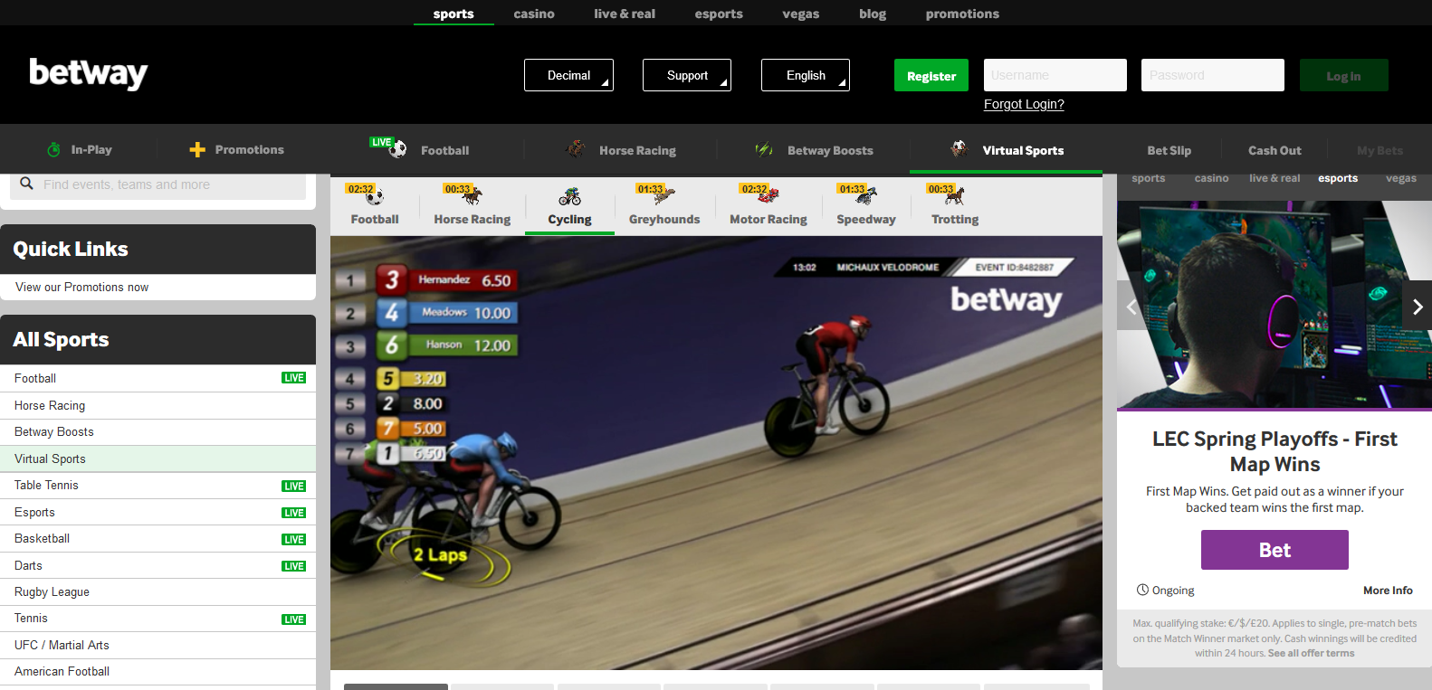 betway virtual sports betting