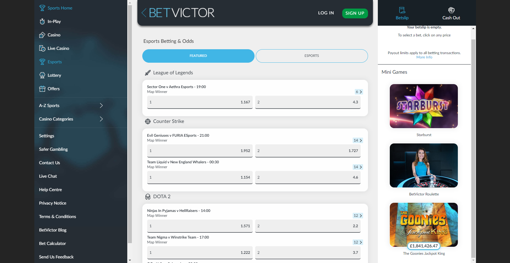 bookmaker betvictor esports betting offer