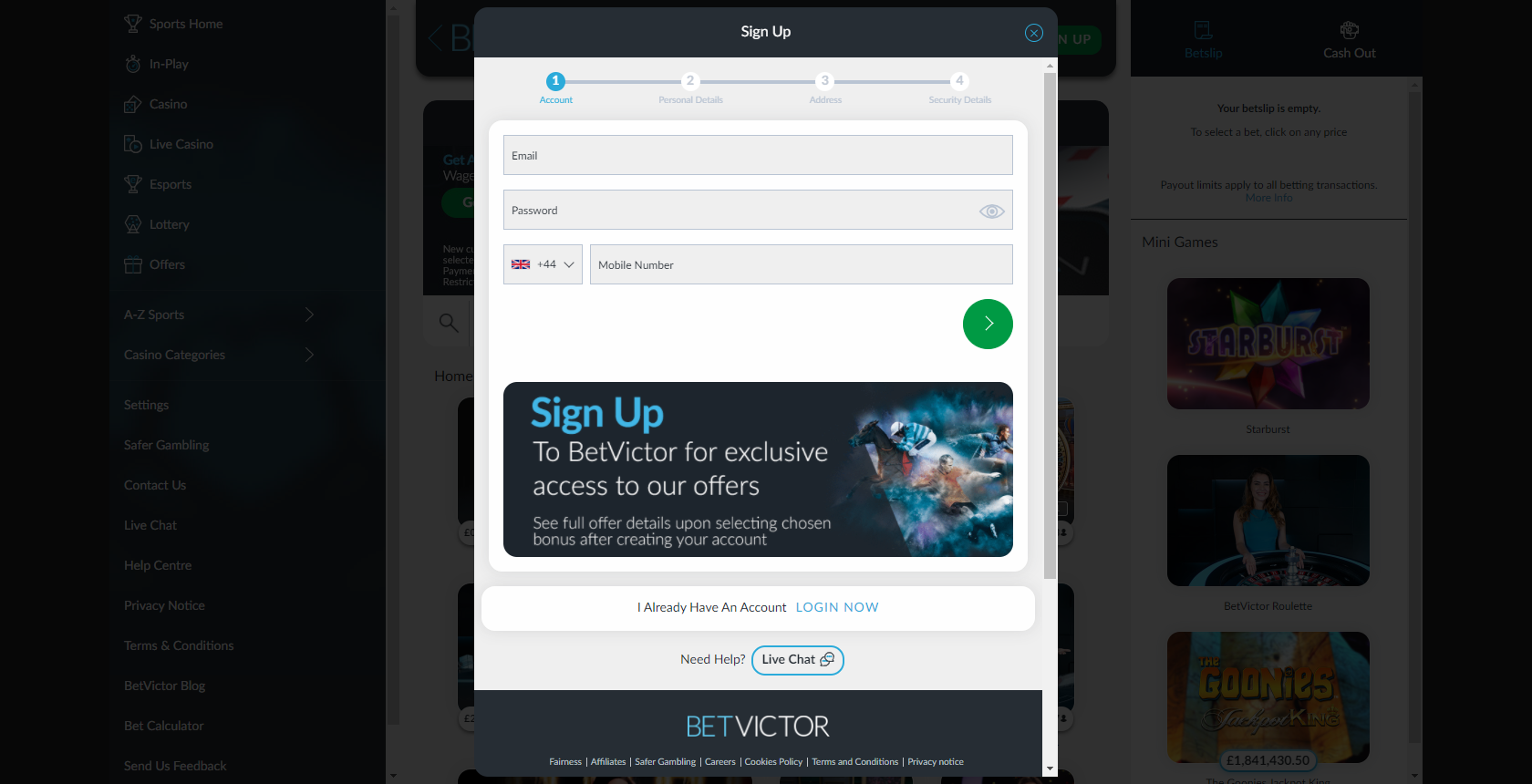 bookmaker betvictor registration page