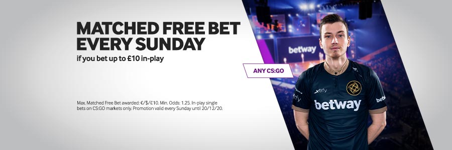 bookmaker betway esports offer cs:go sunday free bet bonus