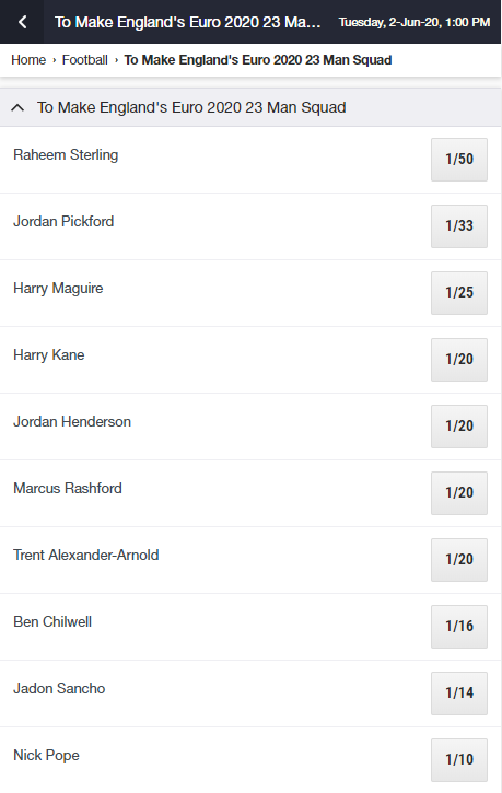 ladbrokes england euro 2020 squad betting